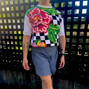Checkered floral knit top